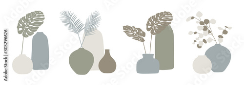 Trendy design for greeting cards, invitations, posters. Vases and tropical leaves set. Modern vector illustration.