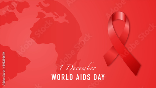 1st December World AIDS Day. Concept vector banner with planet Earth silhouette and realistic red ribbon.