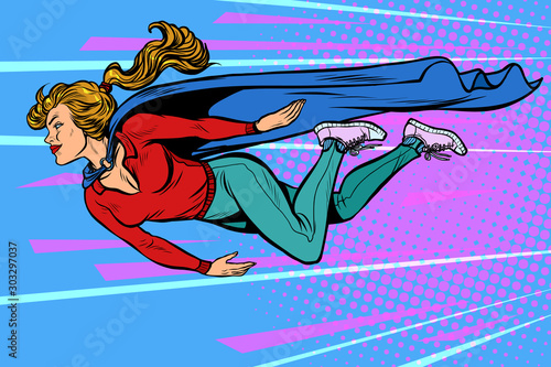 woman superhero flies. female power