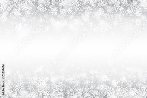 White Christmas Holiday Wallpaper with Realistic Transparent Snowflakes And Lights On Silver Background. Merry Xmas And Happy New Year Abstract Illustration. Falling Snow Effect On Light Backdrop