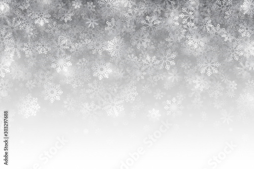 Merry Christmas Falling Snow Effect With Transparent Snowflakes And Lights Overlayed On Light Silver Background. Xmas And Happy New Year Holidays Clear Blank Subtle Design Backdrop