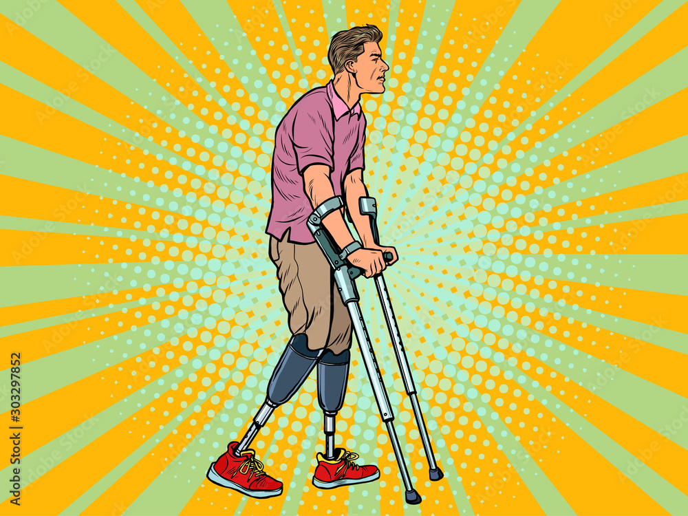 Legless Veteran With A Bionic Prosthesis With Crutches A Disabled Man