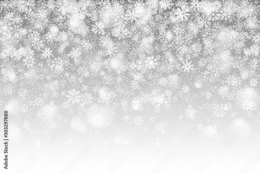 Falling Snow Effect With Realistic Transparent Snowflakes Overlay On Light Silver Background. Merry Christmas And Happy New Year Holidays Backdrop. Winter Season Sales 3D Abstract Illustration