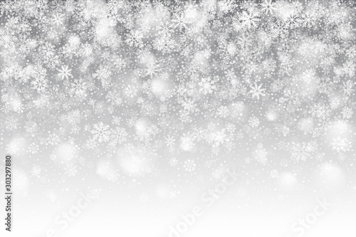 Falling Snow Effect With Realistic Transparent Snowflakes Overlay On Light Silver Background. Merry Christmas And Happy New Year Holidays Backdrop. Winter Season Sales 3D Abstract Illustration