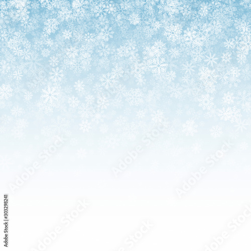 Christmas 3D Falling Snow Effect With Subtle Snowflakes Overlay On Light Blue Background. Xmas Holiday Backdrop. Winter Season Frozen Ice Illustration In Ultra High Definition Quality