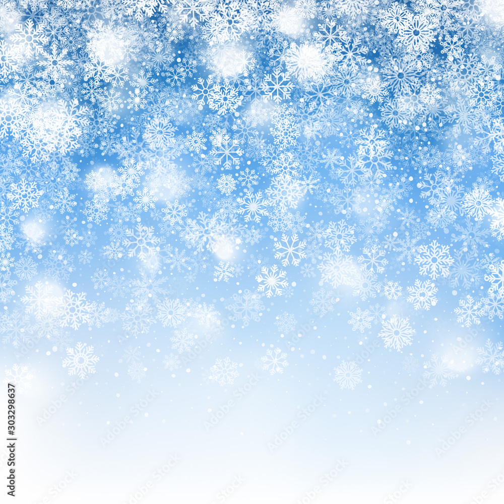 Christmas Snow 3D Effect With Realistic Falling Snowflakes And Lights Overlay On Light Blue Background. Xmas Holiday Decoration. Winter Abstract Illustration In Ultra High Definition Quality