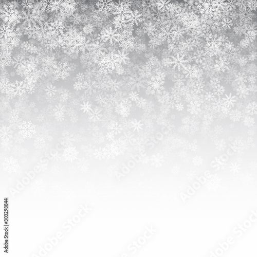 Christmas 3D Falling Snow Effect With Subtle Snowflakes Overlay On Light Silver Background. Xmas Holiday Backdrop. Winter Season Frozen Ice Illustration In Ultra High Definition Quality
