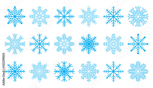 Set of blue snowflakes isolated on white background. Vector illustration