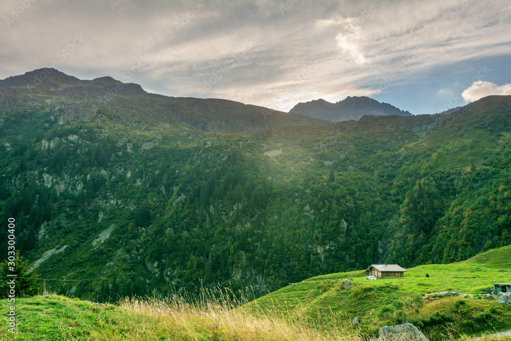 Naklejka premium Hiking trails in the French Alps with stunning views of rocky mountains and alpine meadows.