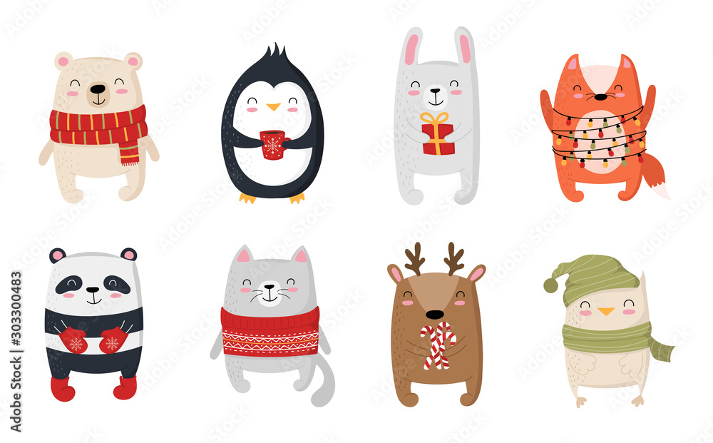 Fototapeta premium Creative collection of cute animal for New Year. Vector cartoon doodle isolated illustration. Winter holidays, baby shower, birthday, children's party