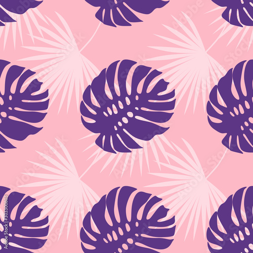 Exotic leaf on a pink background. Print summer seamless vector pattern wallpaper in trend colors. 