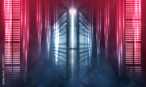 Background of empty show scene. Empty dark modern abstract neon background. Glow of neon lights on an empty stage, diodes, rays and lines. Lights of the night city.
