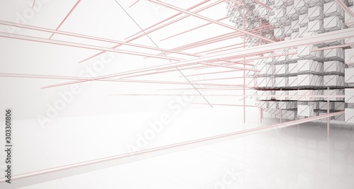 Drawing abstract architectural white interior from an array of cubes with large windows. 3D illustration and rendering.