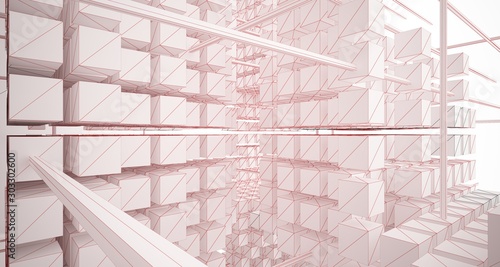 Drawing abstract architectural white interior from an array of cubes with large windows. 3D illustration and rendering.