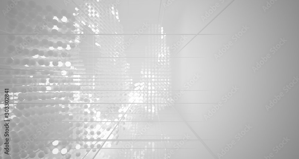 Abstract white architectural interior from an array of spheres with neon lighting. 3D illustration and rendering. Abstract white architectural interior from an array of spheres with neon lighting. 3D illustration and rendering.