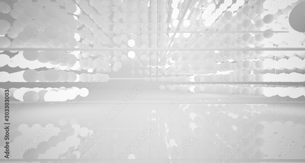 Abstract white architectural interior from an array of spheres with neon lighting. 3D illustration and rendering. Abstract white architectural interior from an array of spheres with neon lighting. 3D illustration and rendering.