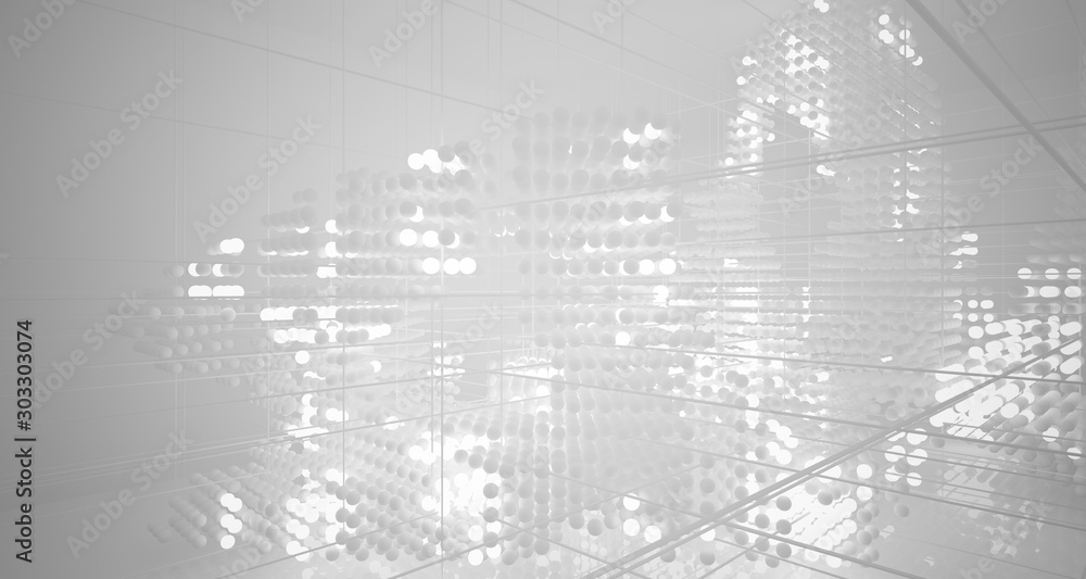Fototapeta premium Abstract white architectural interior from an array of spheres with neon lighting. 3D illustration and rendering.