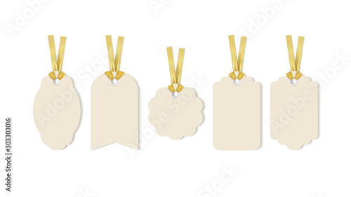 Set of realistic sale tags and labels with golden ribbon. Vector template.