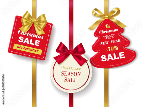 Set of realistic Red Christmas sale tags with golden ribbon on white  background. Vector Illustration.