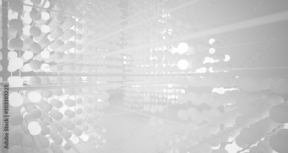 Abstract white architectural interior from an array of spheres with neon lighting. 3D illustration and rendering. Abstract white architectural interior from an array of spheres with neon lighting. 3D illustration and rendering.