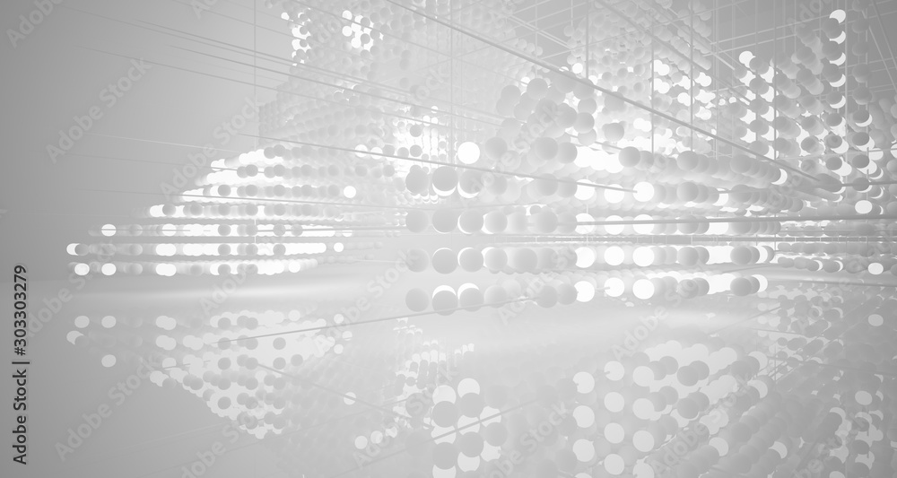 Obraz premium Abstract white architectural interior from an array of spheres with neon lighting. 3D illustration and rendering.
