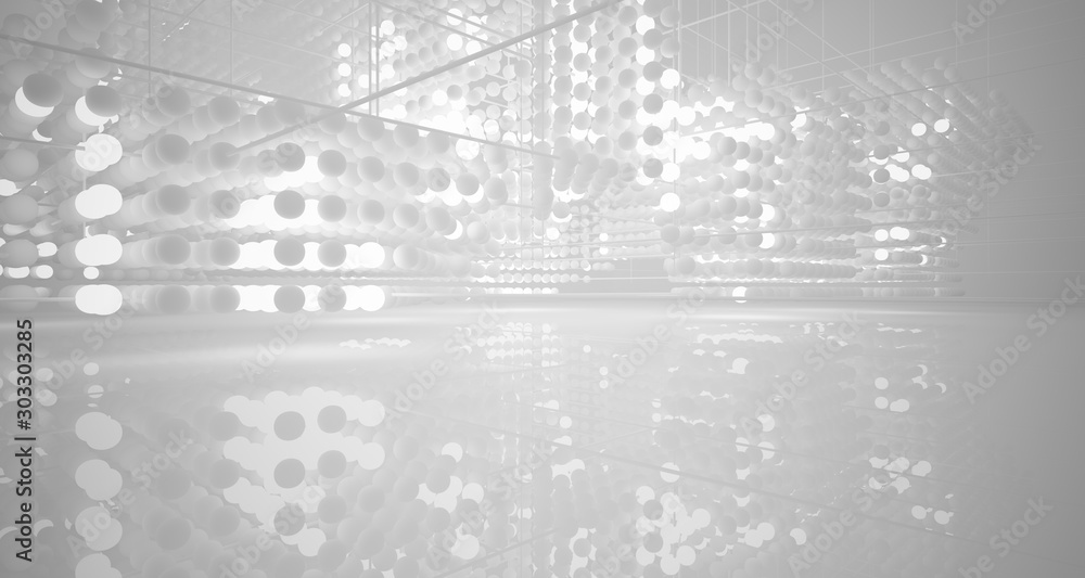 Abstract white architectural interior from an array of spheres with neon lighting. 3D illustration and rendering. Abstract white architectural interior from an array of spheres with neon lighting. 3D illustration and rendering.