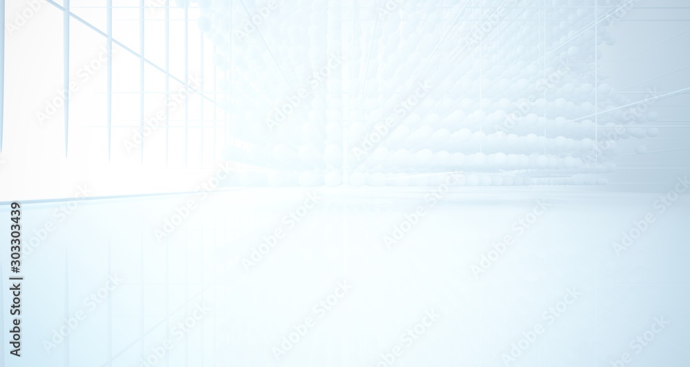 Abstract white architectural interior from an array of spheres with large windows. 3D illustration and rendering.