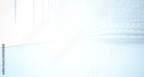 Abstract white architectural interior from an array of spheres with large windows. 3D illustration and rendering.