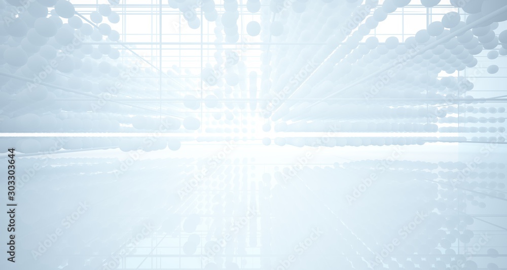 Abstract white architectural interior from an array of spheres with large windows. 3D illustration and rendering.