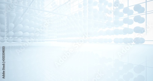 Abstract white architectural interior from an array of spheres with large windows. 3D illustration and rendering.