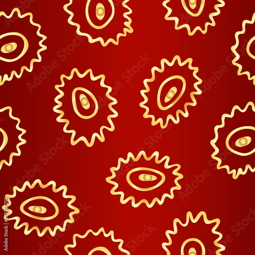 Seamless simple texture with hand drawn abstract golden shapes on dark red background; Vector endless doodle pattern with curves for decor, fabric print, gift wrap, invitation, banner, wrapping paper