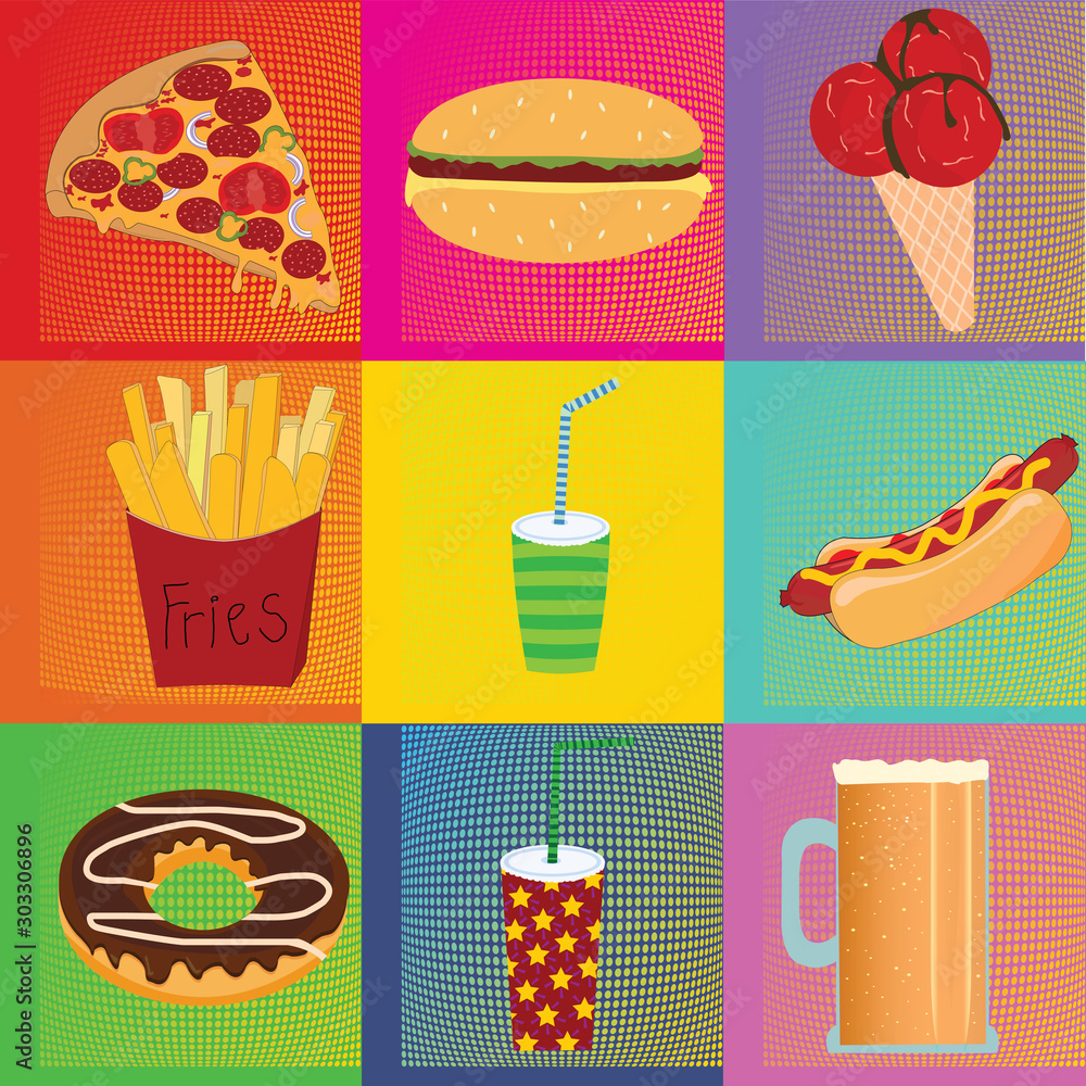 Pop Art Andy Warhol background with dots and food icons Stock