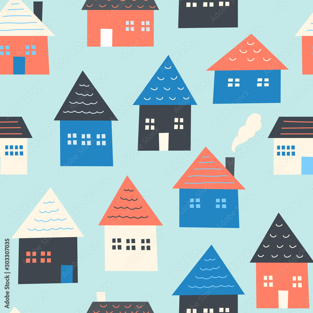 Seamless pattern of houses. Light blue background