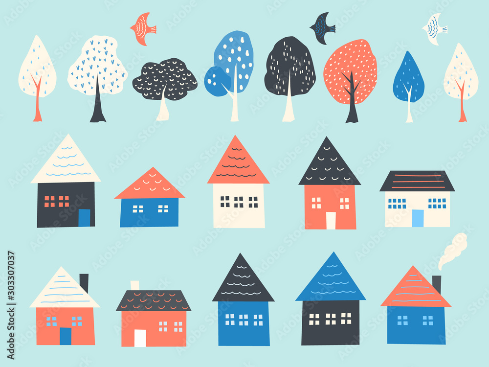 Icon set of houses, trees and birds