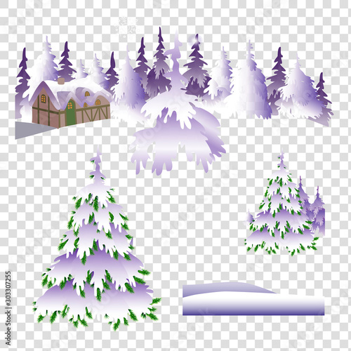 Vector illustration of Christmas trees in the snow. Isolated image of christmas trees. Variants of Christmas trees in winter.