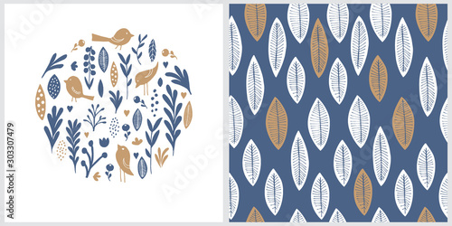 Rustic Style Vector Card and Pattern. Simple Abstract Garden Illustration. Round Shape Frame with Twigs, Birds, Flowers, Hearts  and Leaves on a White Background. Print With White and Gold Leaves.
