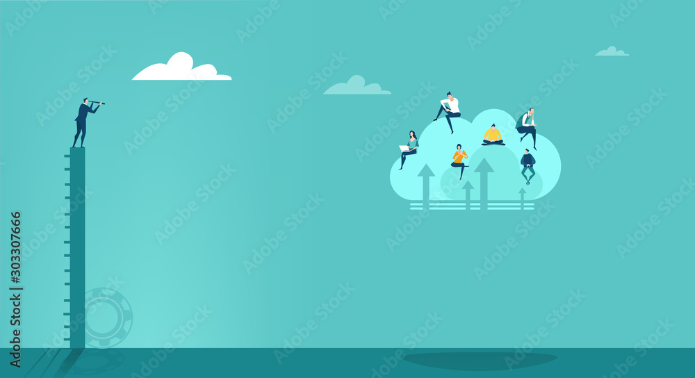 Businessman looking with the telescope at his team, working on cloud, making a progress, analysing and controlling for the better result. Business concept illustration