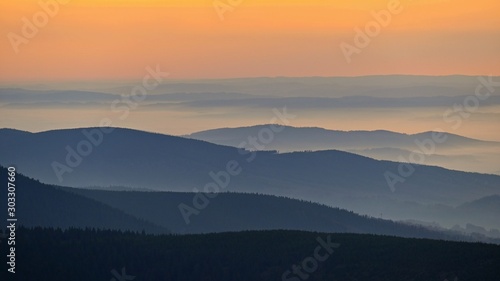 Fototapeta Naklejka Na Ścianę i Meble -  Beautiful landscape and sunset in the mountains. Hills in clouds. Jeseniky - Czech Republic - Europe.