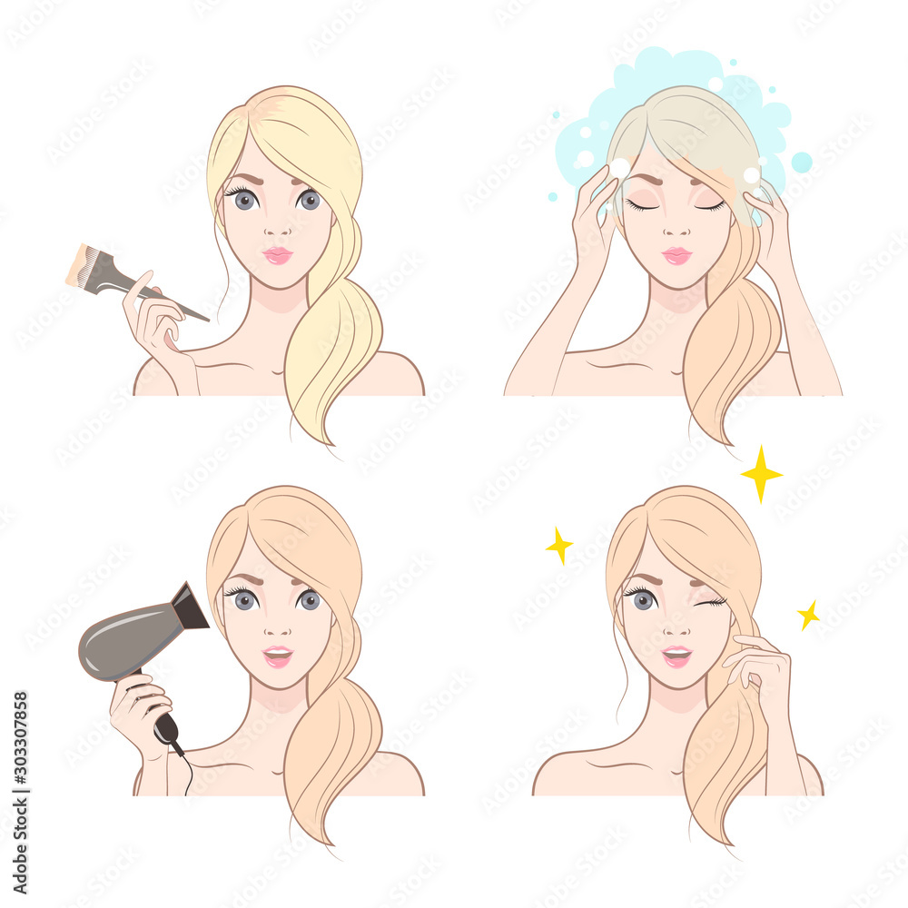 Young Girl applies hair dye. Set of hair treatment procedure.Vector illustration Young Girl applies hair dye. Set of hair treatment procedure.Vector illustration