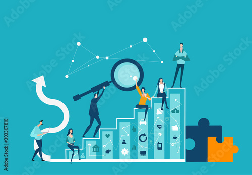 Business man passing the magnifying glass over the team. People settle at the professional ladder, growth chart. Stairs leading up to success. 