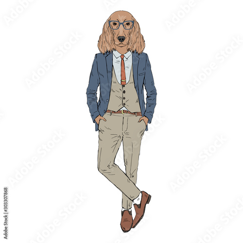 Humanized Irish Setter breed dog dressed up in retro outfits. Design for dogs lovers. Fashion anthropomorphic doggy illustration. Animal wear suit, tie, glasses. Hand drawn vector. photo