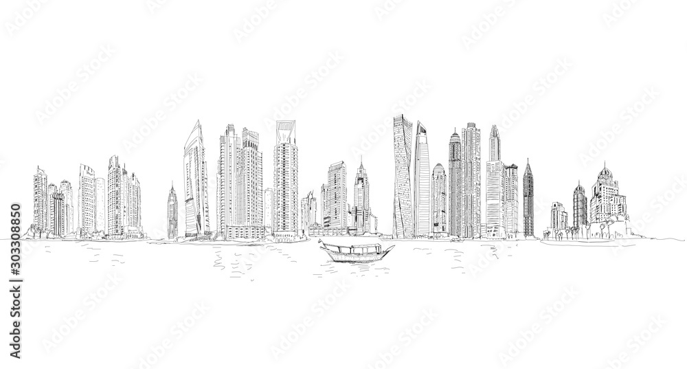  Illustration of the Dubai skyline: Skyscrapers of Marina and tourist boat . Sketch collection 