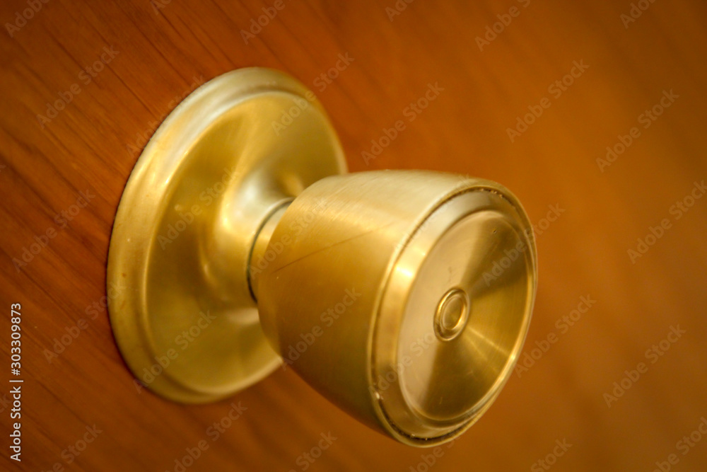 Goldener, Messingfarbener Türöffner, Klinke an einer Holztür