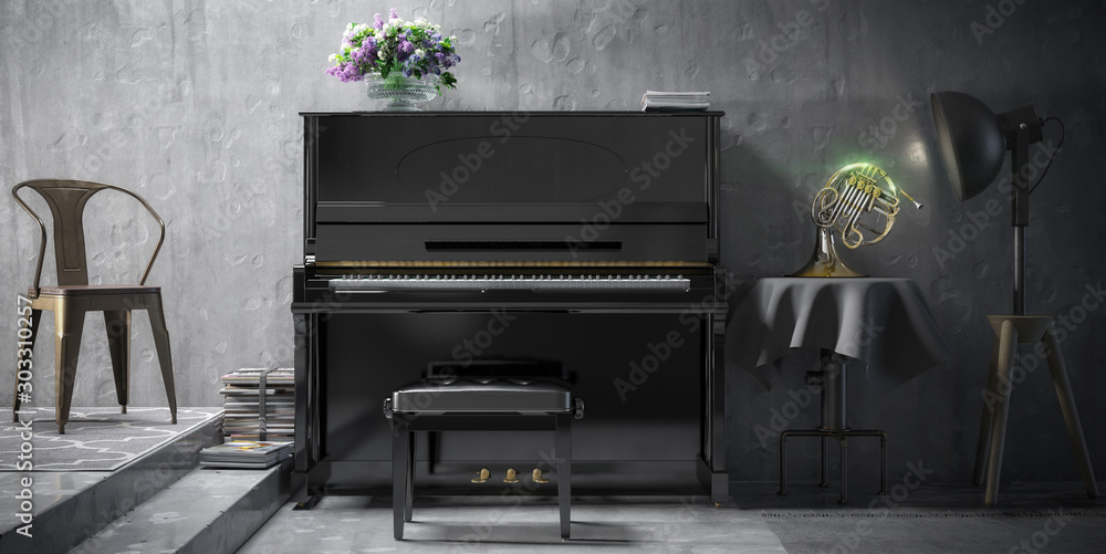 Arangment of Piano and French Horn (panoramic) - 3d visualization - obrazy, fototapety, plakaty 