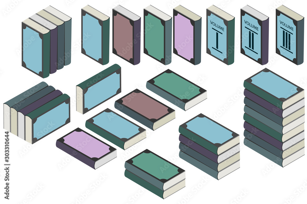 The illustration shows books on a white background in different angles.