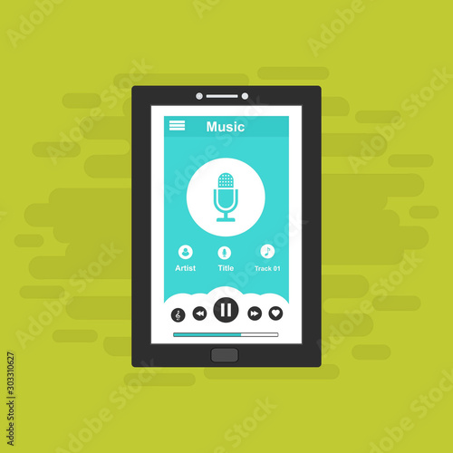 Music player app interface vector color template. Media player navigation screen. Flat UI, GUI. Playing audio, radio.