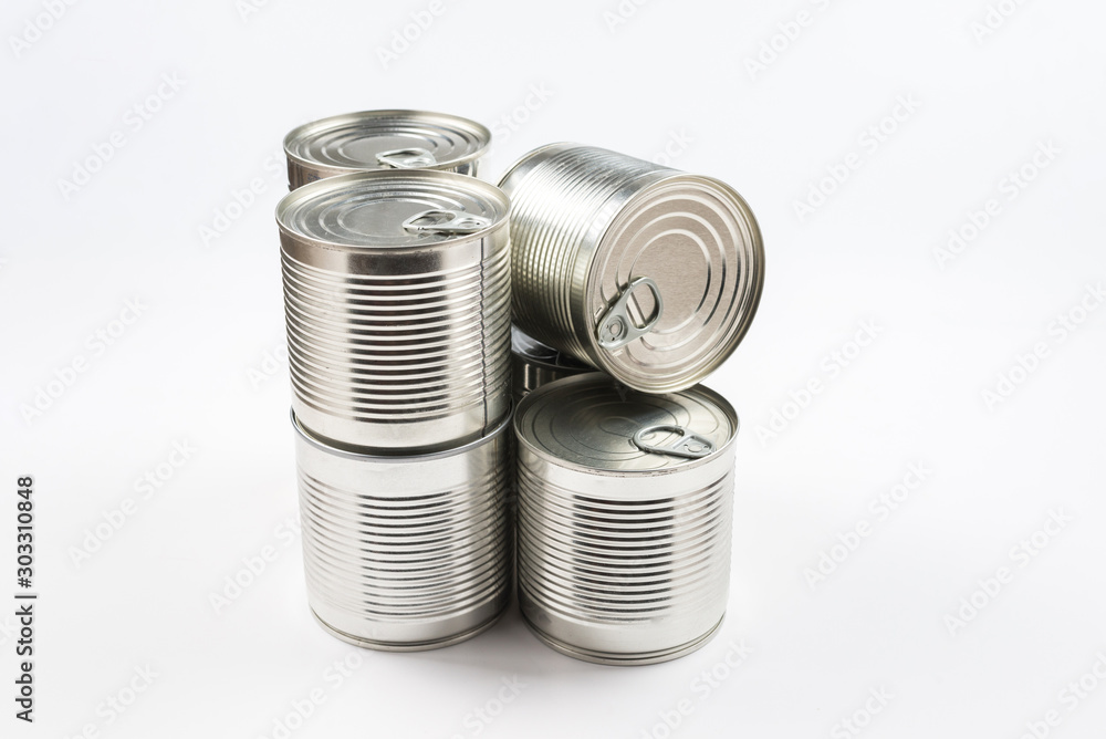 Group of silver canned food on white background. Group of silver canned food on white background.