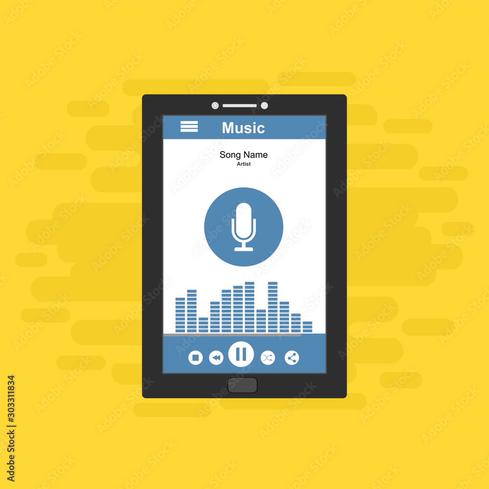 Music design. Online concept. Media player navigation screen. Flat UI, GUI. Playing audio, radio. Phone display Music design. Online concept. Media player navigation screen. Flat UI, GUI. Playing audio, radio. Phone display