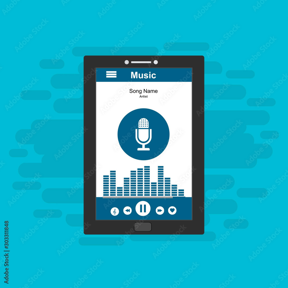 Music design. Online concept. Media player navigation screen. Flat UI, GUI. Playing audio, radio. Phone display Music design. Online concept. Media player navigation screen. Flat UI, GUI. Playing audio, radio. Phone display