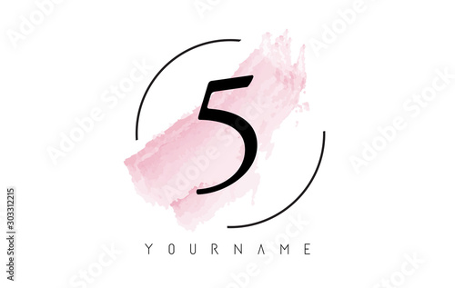 Number 5 Watercolor Stroke Logo Design with Circular Brush Pattern.